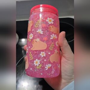 Pink Glitter Capybara Floral Snowglobe Tumbler